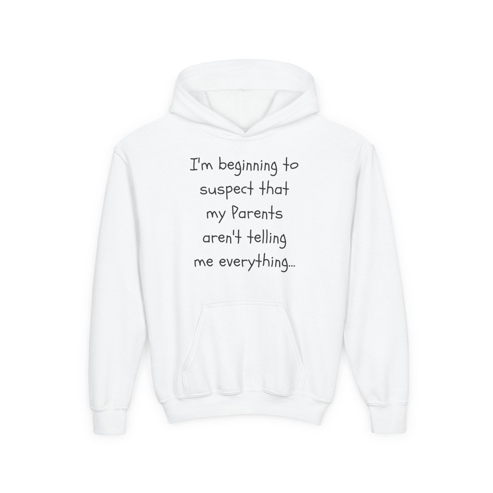 Youth Hoodie — "I'm beginning to suspect that my Parents aren't telling me everything." Funny Kid Hoodie
