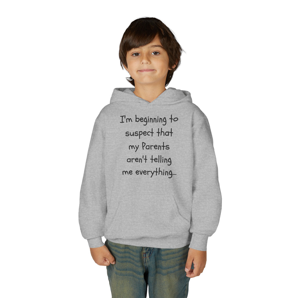Youth Hoodie — "I'm beginning to suspect that my Parents aren't telling me everything." Funny Kid Hoodie