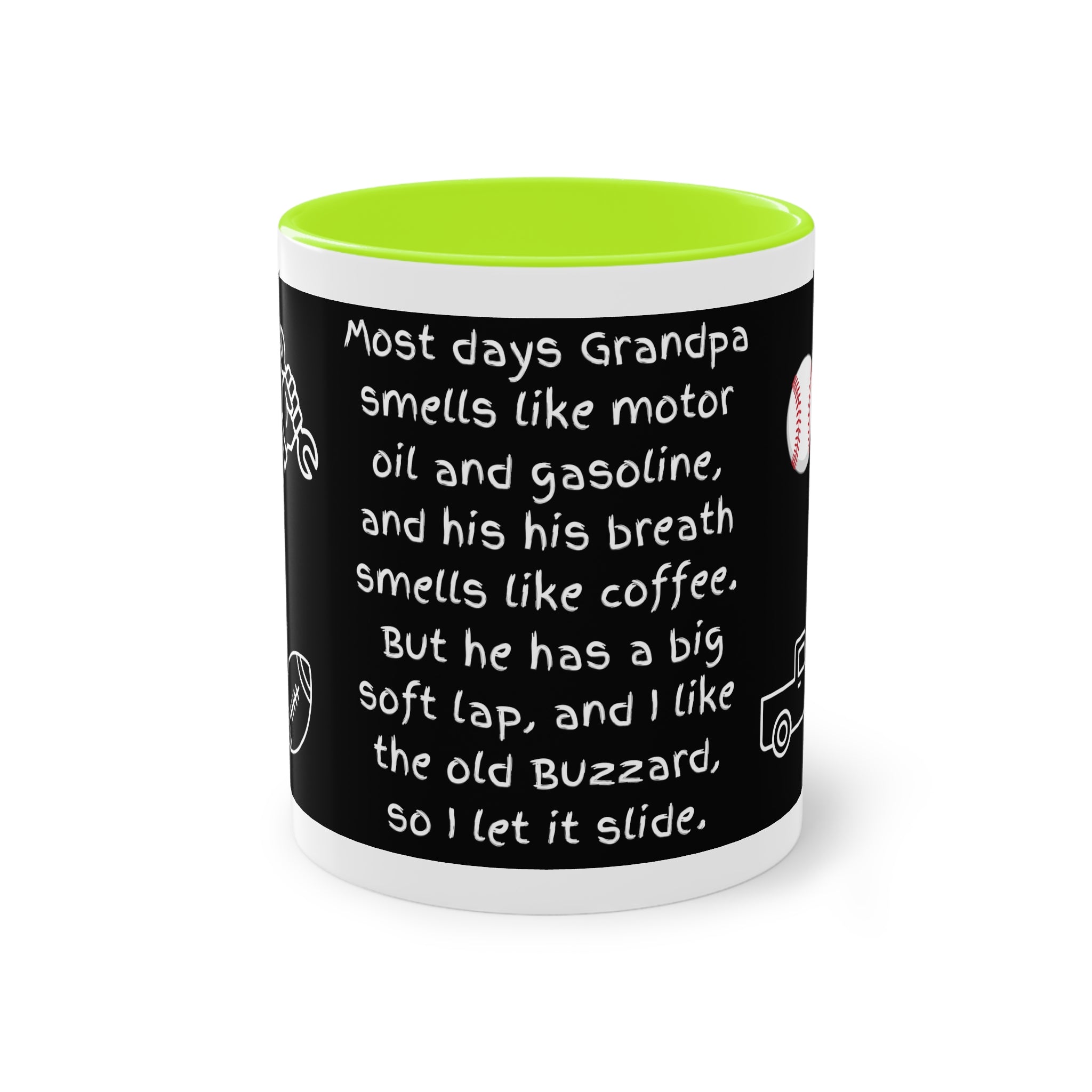 Funny Grandpa Coffee Mug — “Most days Grandpa smells like motor oil…” 11oz Two-Tone