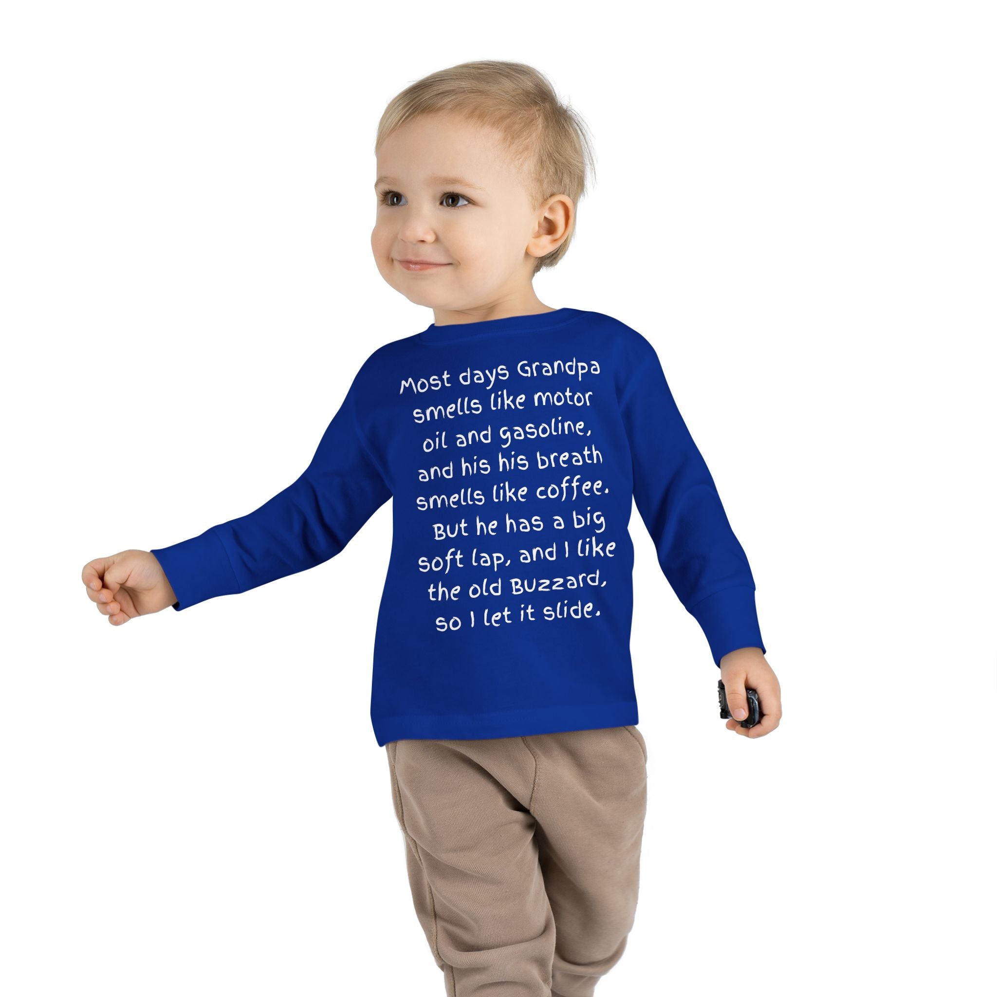 Toddler Tee — "Most days Grandpa smells like motor oil and gasoline..." Funny Grandparent Quote Long Sleeve