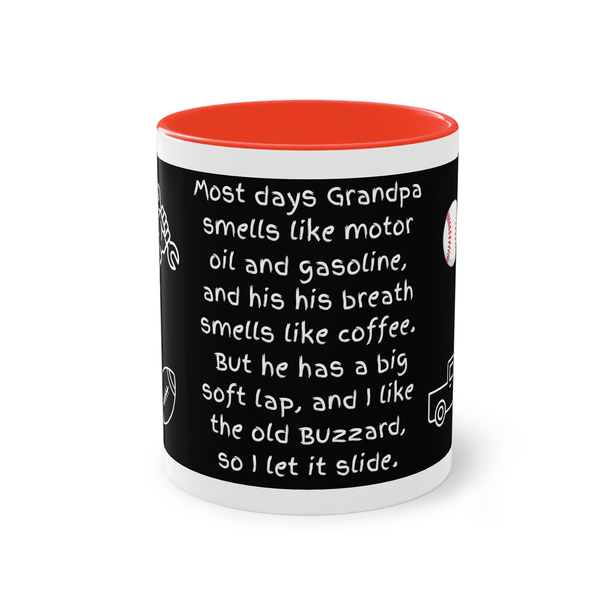 Funny Grandpa Coffee Mug — “Most days Grandpa smells like motor oil…” 11oz Two-Tone