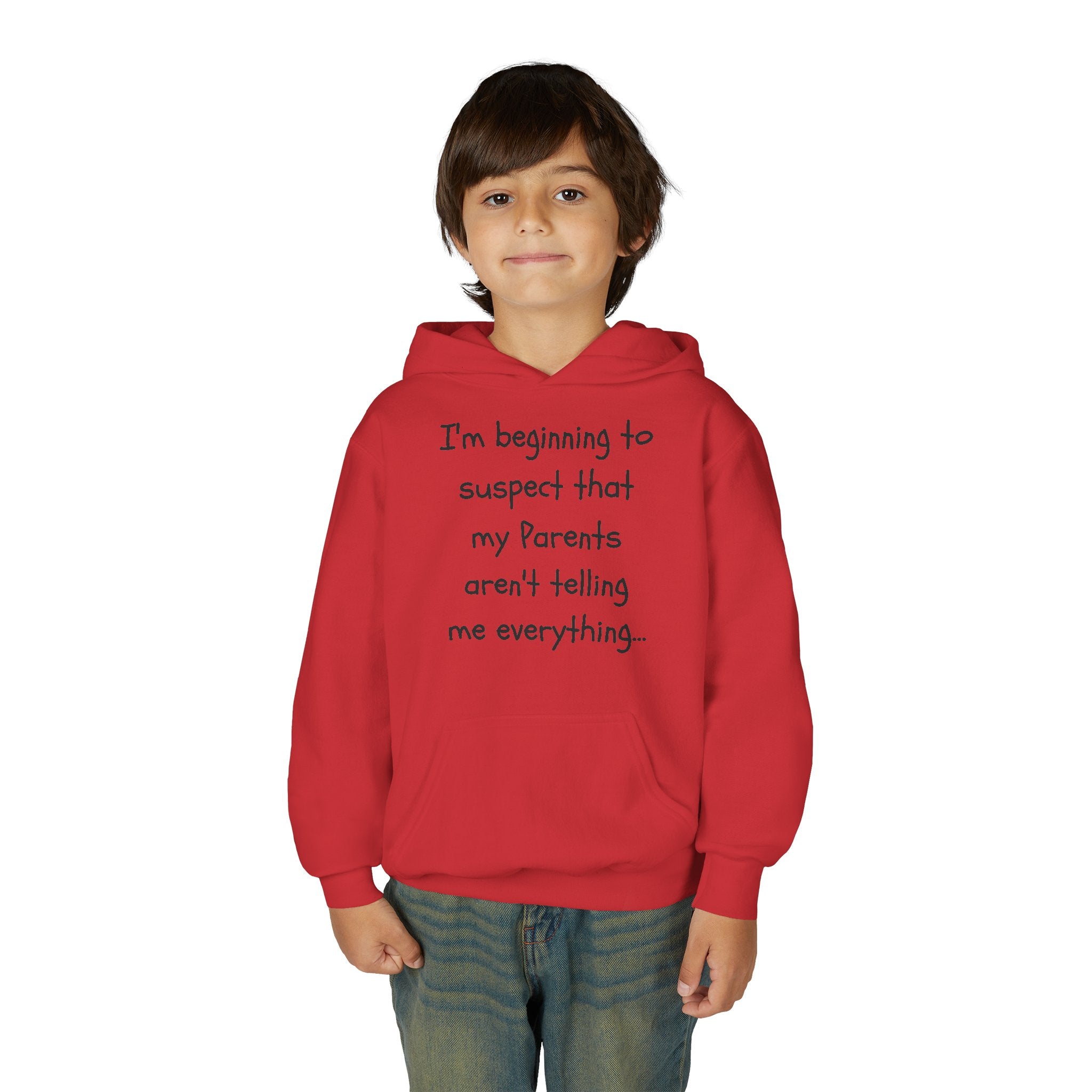 Youth Hoodie — "I'm beginning to suspect that my Parents aren't telling me everything." Funny Kid Hoodie