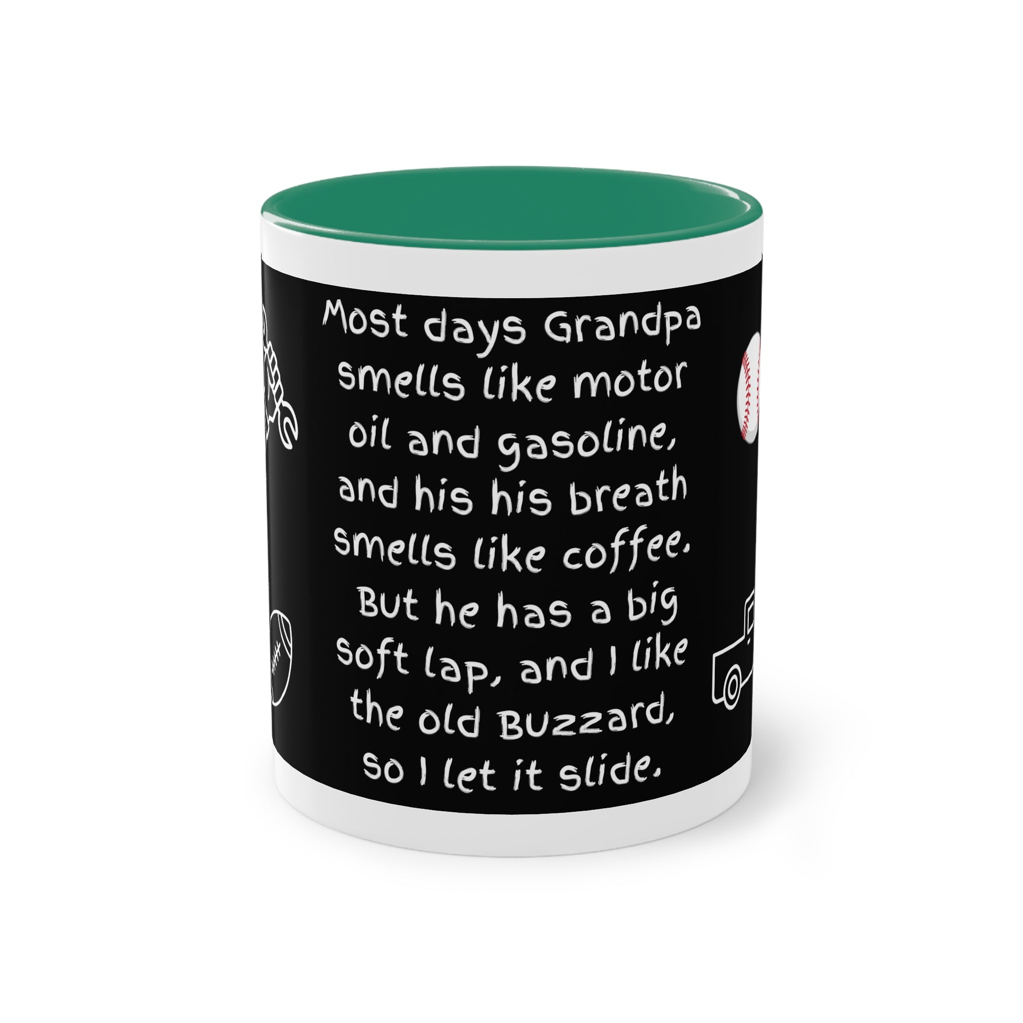 Funny Grandpa Coffee Mug — “Most days Grandpa smells like motor oil…” 11oz Two-Tone