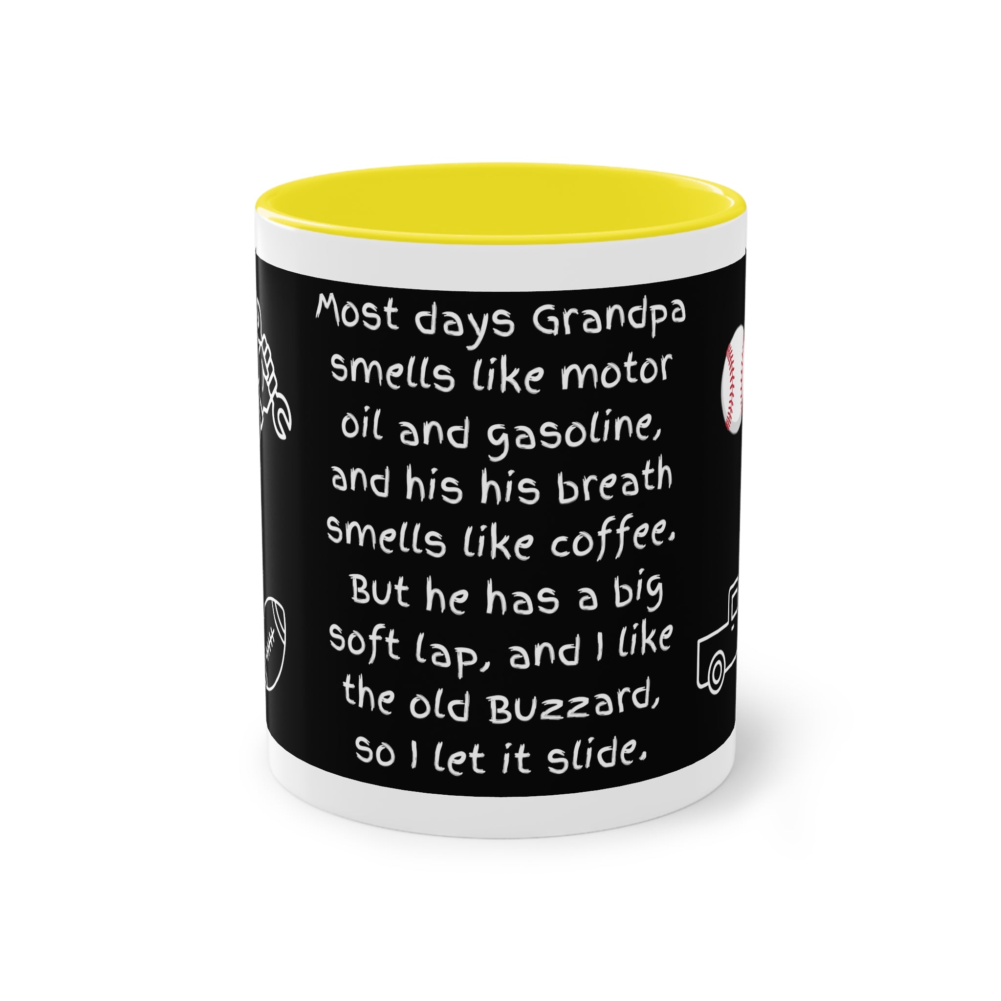 Funny Grandpa Coffee Mug — “Most days Grandpa smells like motor oil…” 11oz Two-Tone
