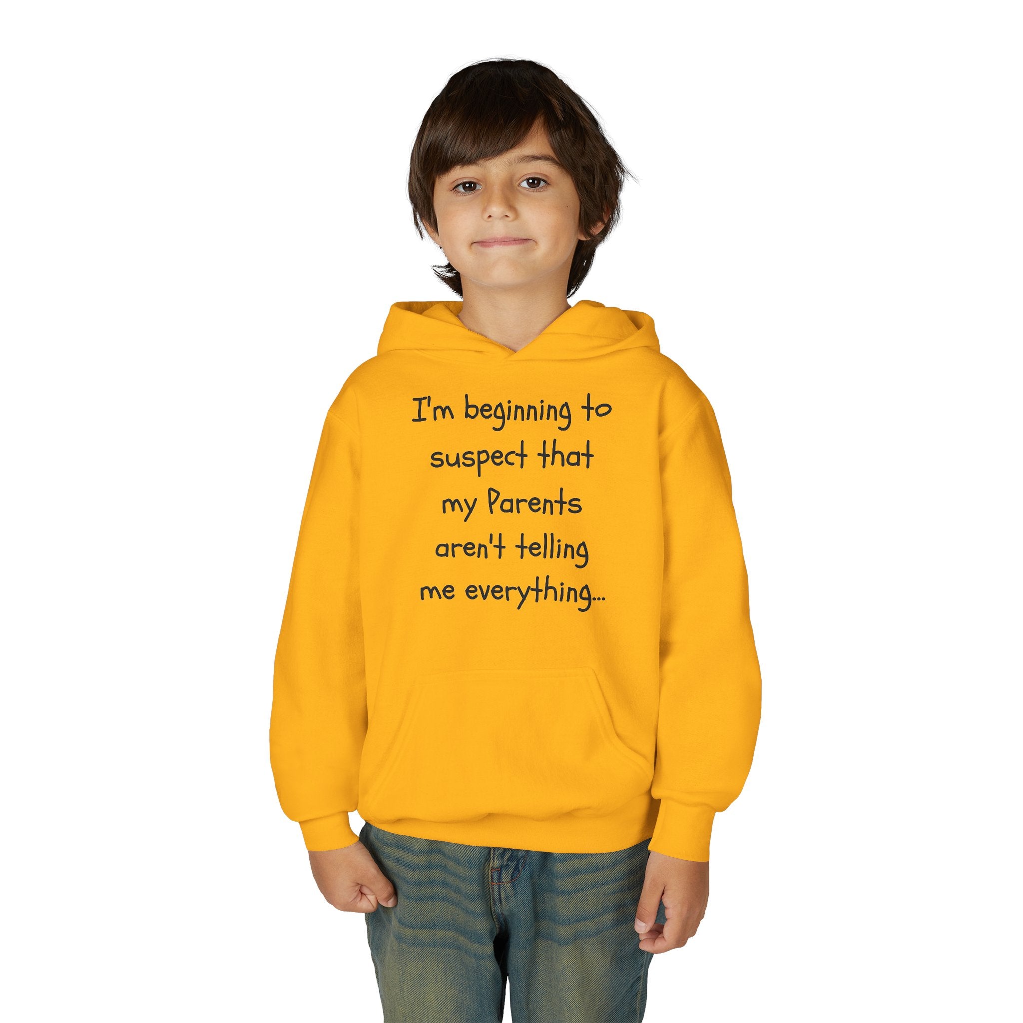 Youth Hoodie — "I'm beginning to suspect that my Parents aren't telling me everything." Funny Kid Hoodie