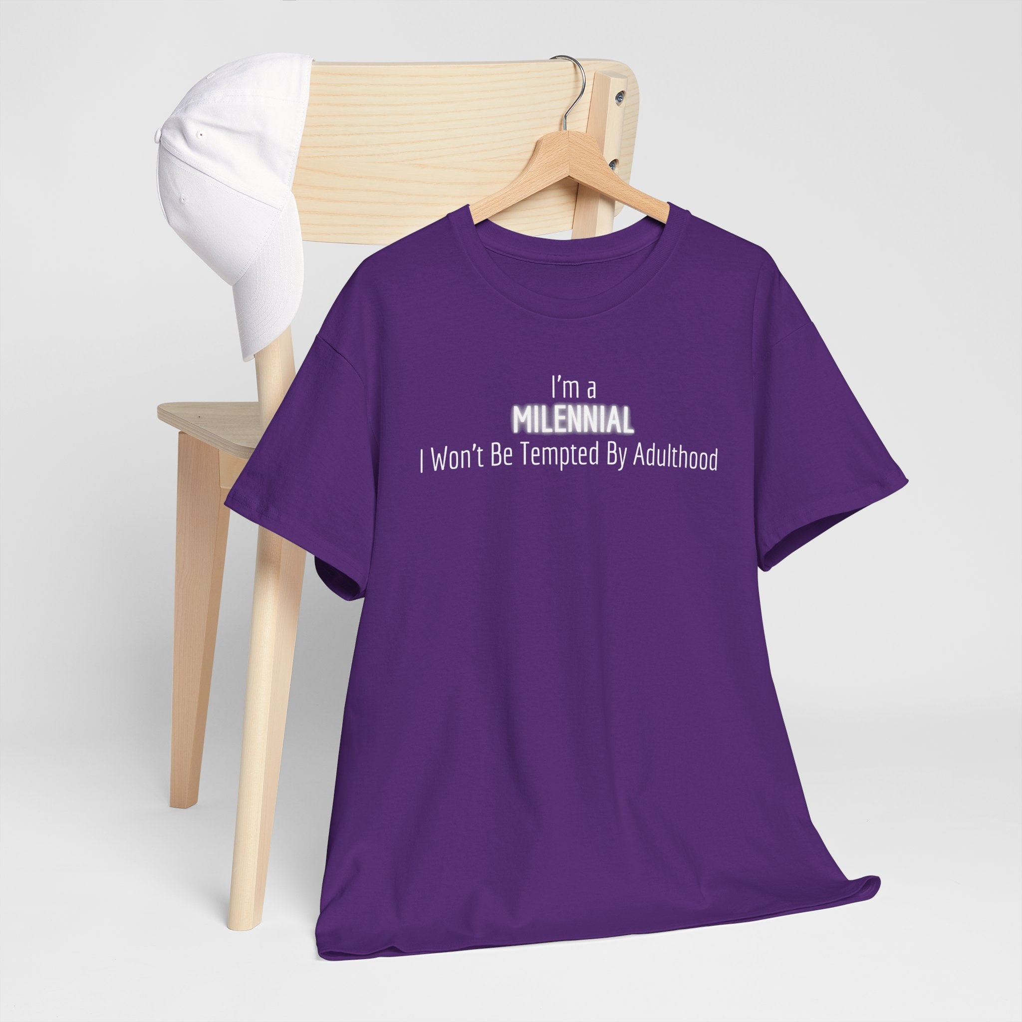 Millennial Tee — "I’m a Millennial, I Won’t Be Tempted By Adulthood" Funny Graphic T-Shirt
