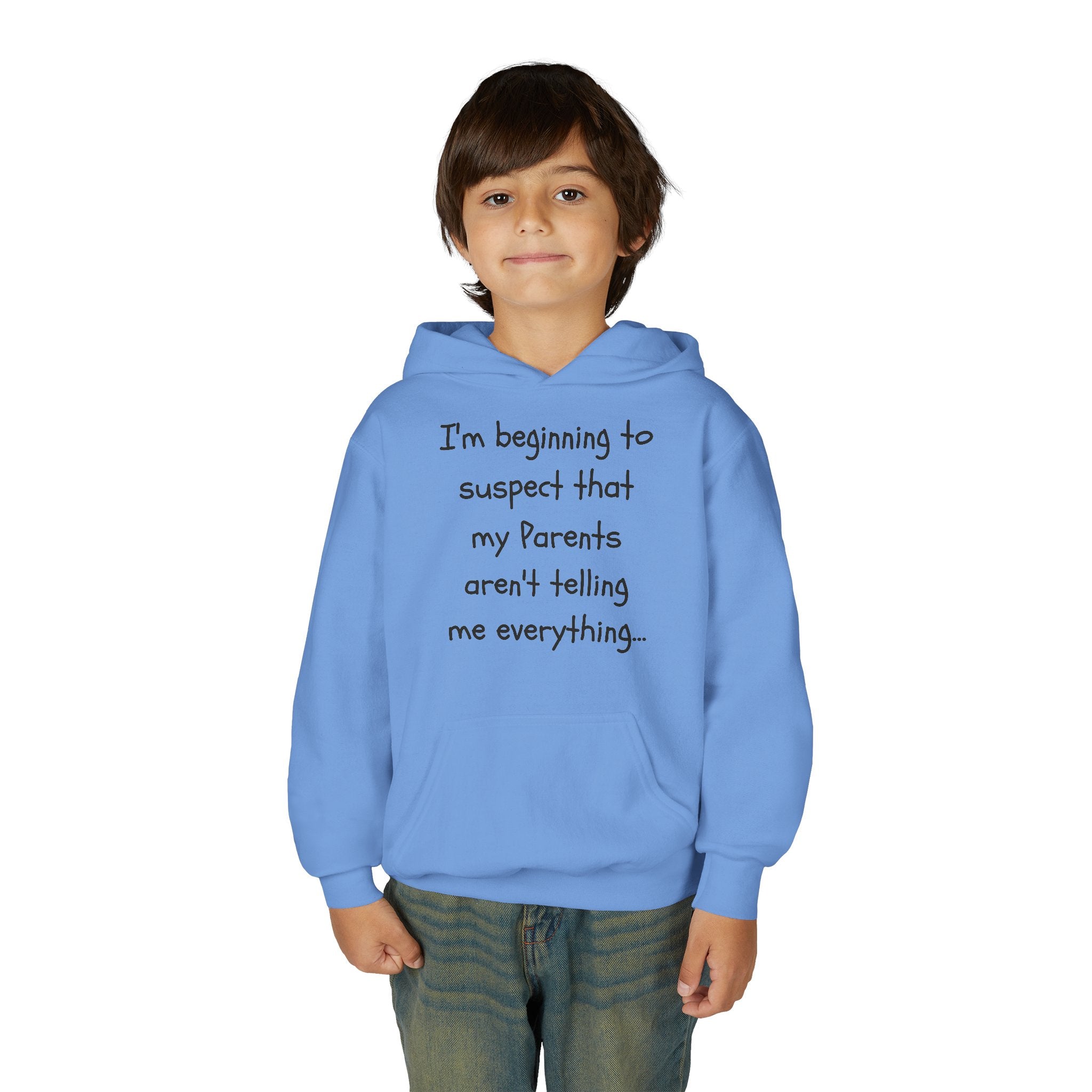 Youth Hoodie — "I'm beginning to suspect that my Parents aren't telling me everything." Funny Kid Hoodie