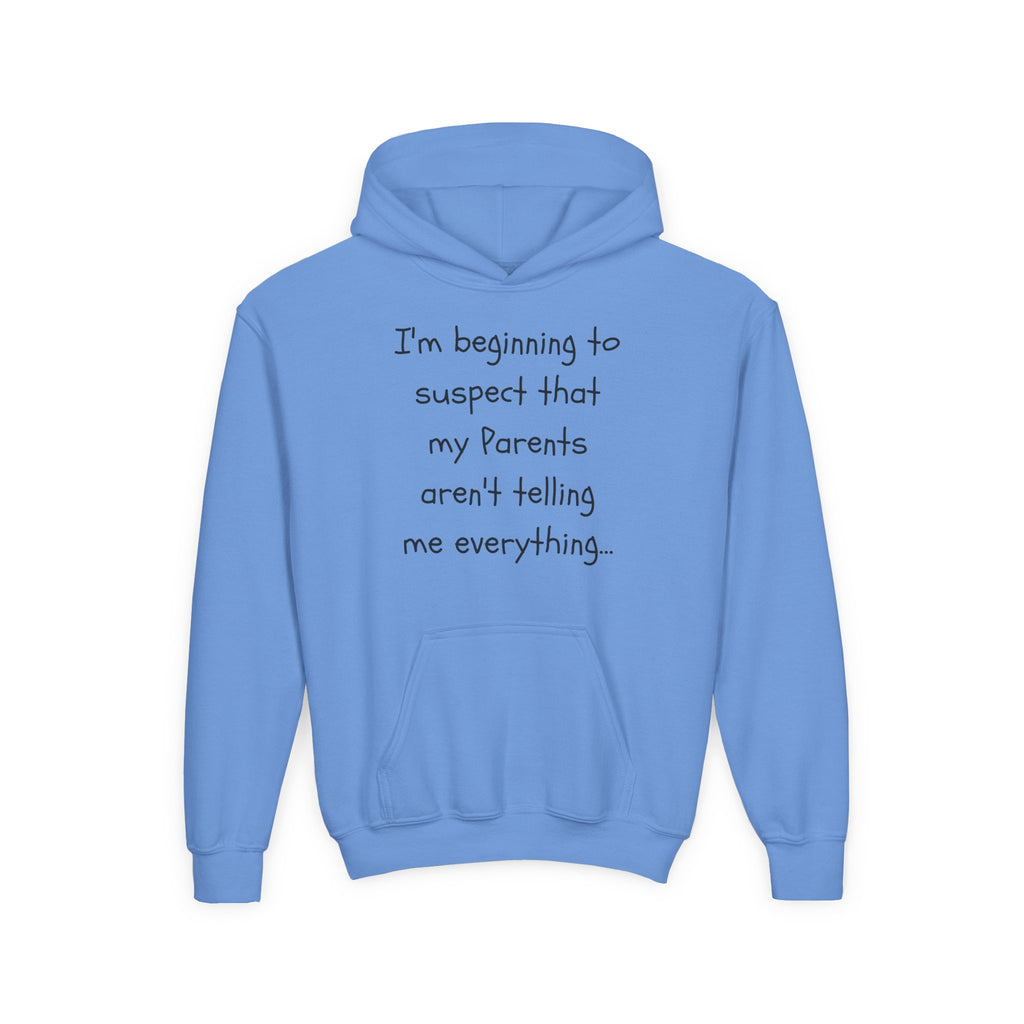Youth Hoodie — "I'm beginning to suspect that my Parents aren't telling me everything." Funny Kid Hoodie