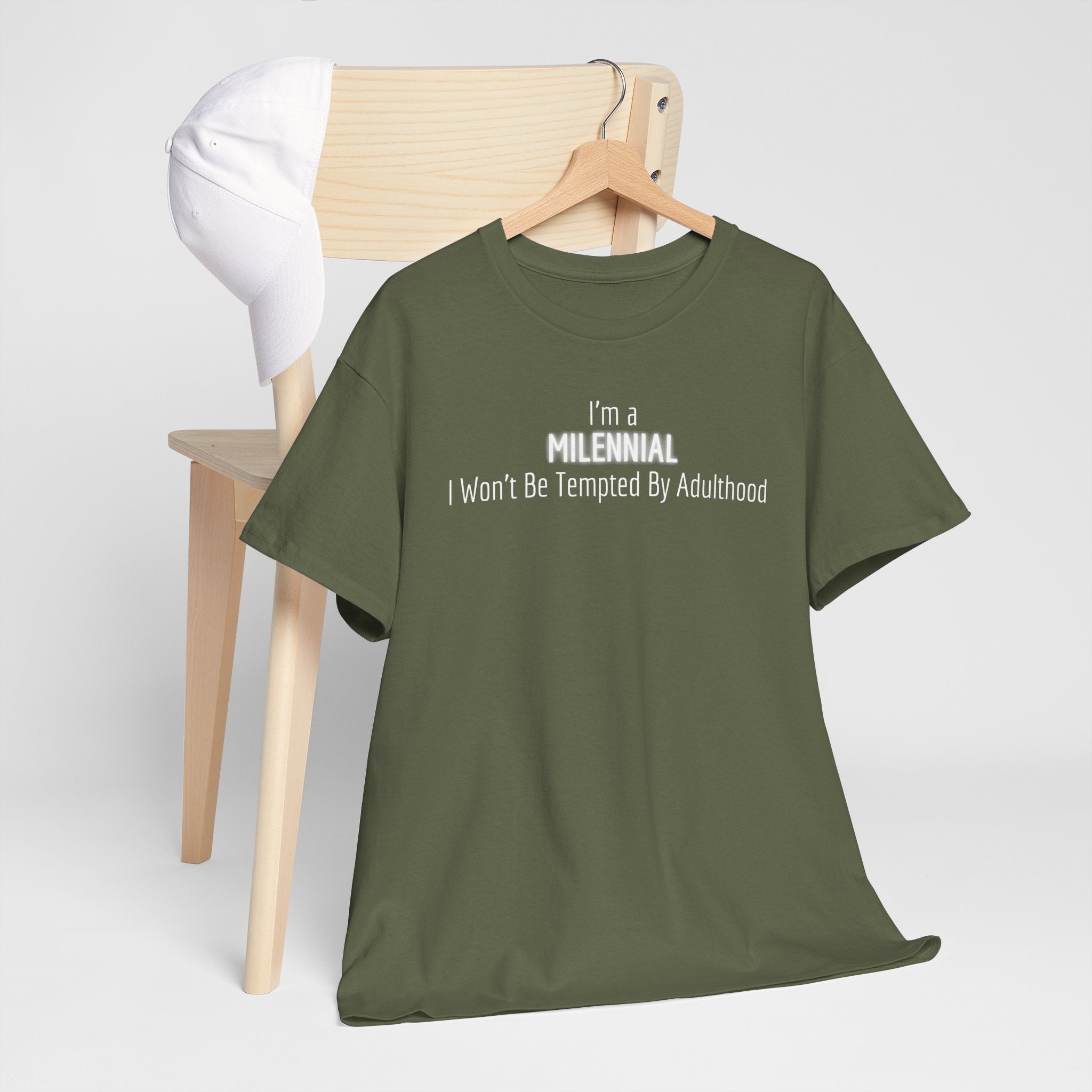 Millennial Tee — "I’m a Millennial, I Won’t Be Tempted By Adulthood" Funny Graphic T-Shirt