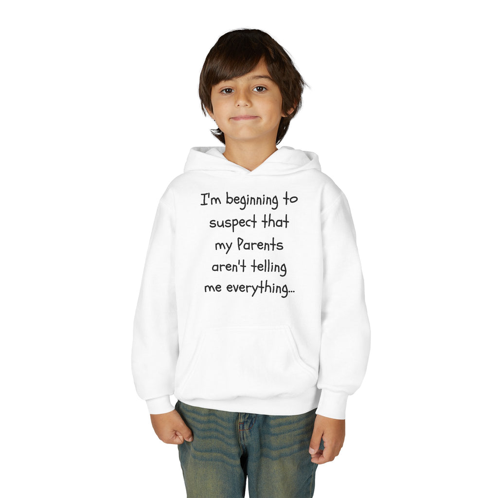 Youth Hoodie — "I'm beginning to suspect that my Parents aren't telling me everything." Funny Kid Hoodie
