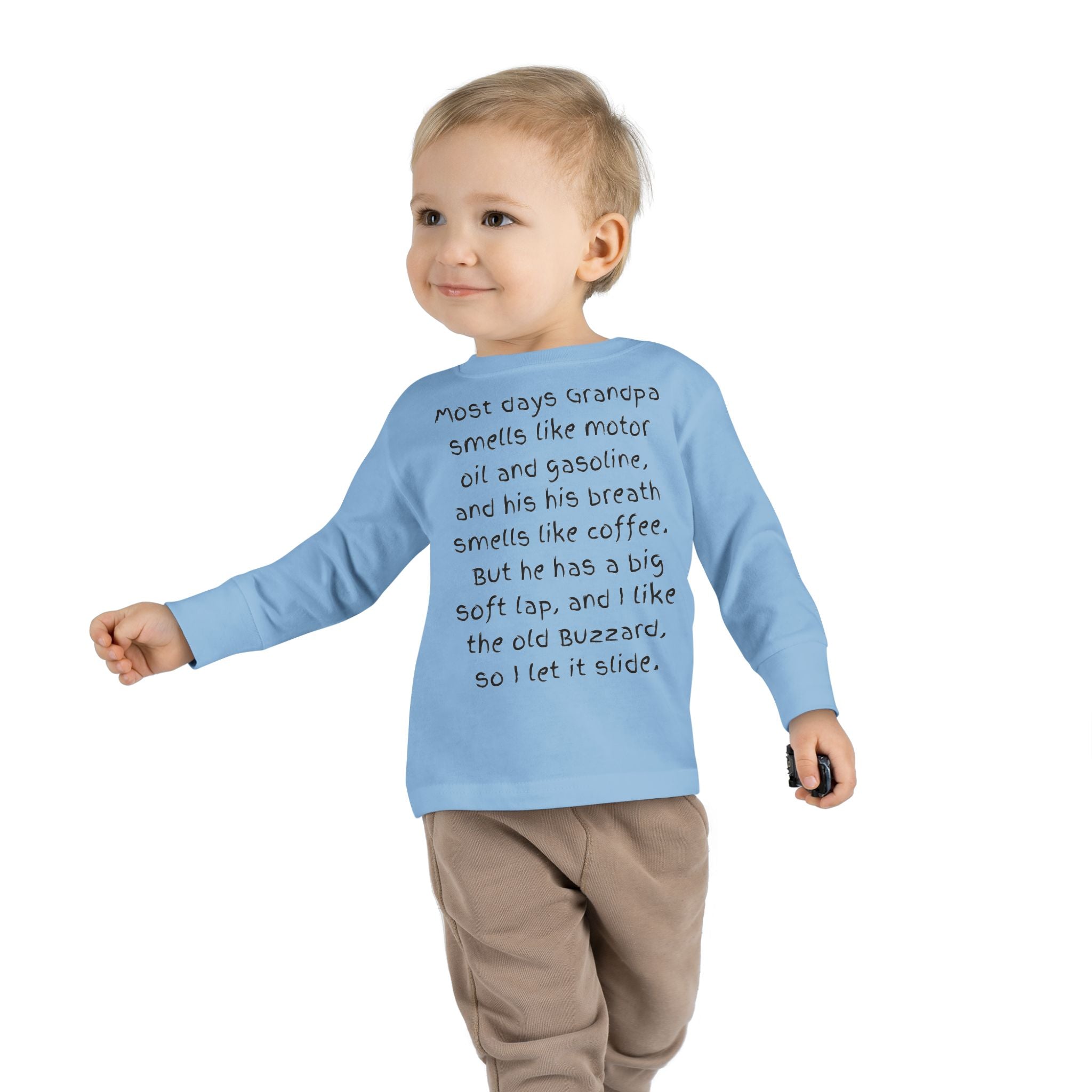Toddler Tee — "Most days Grandpa smells like motor oil and gasoline..." Funny Grandparent Quote Long Sleeve