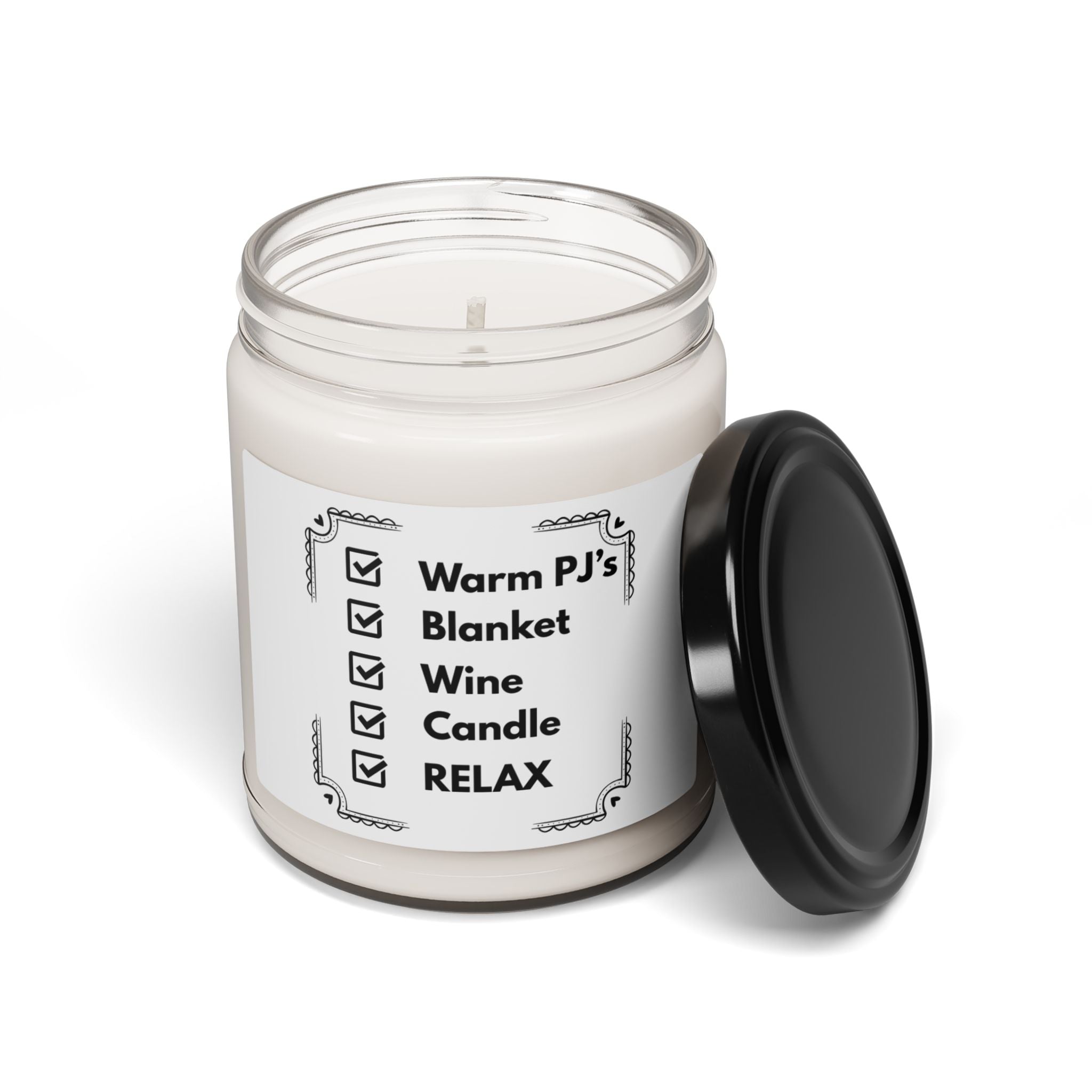 Soy Candle — "Warm PJ's • Blanket • Wine • Candle • RELAX" Scented Jar (9 oz)