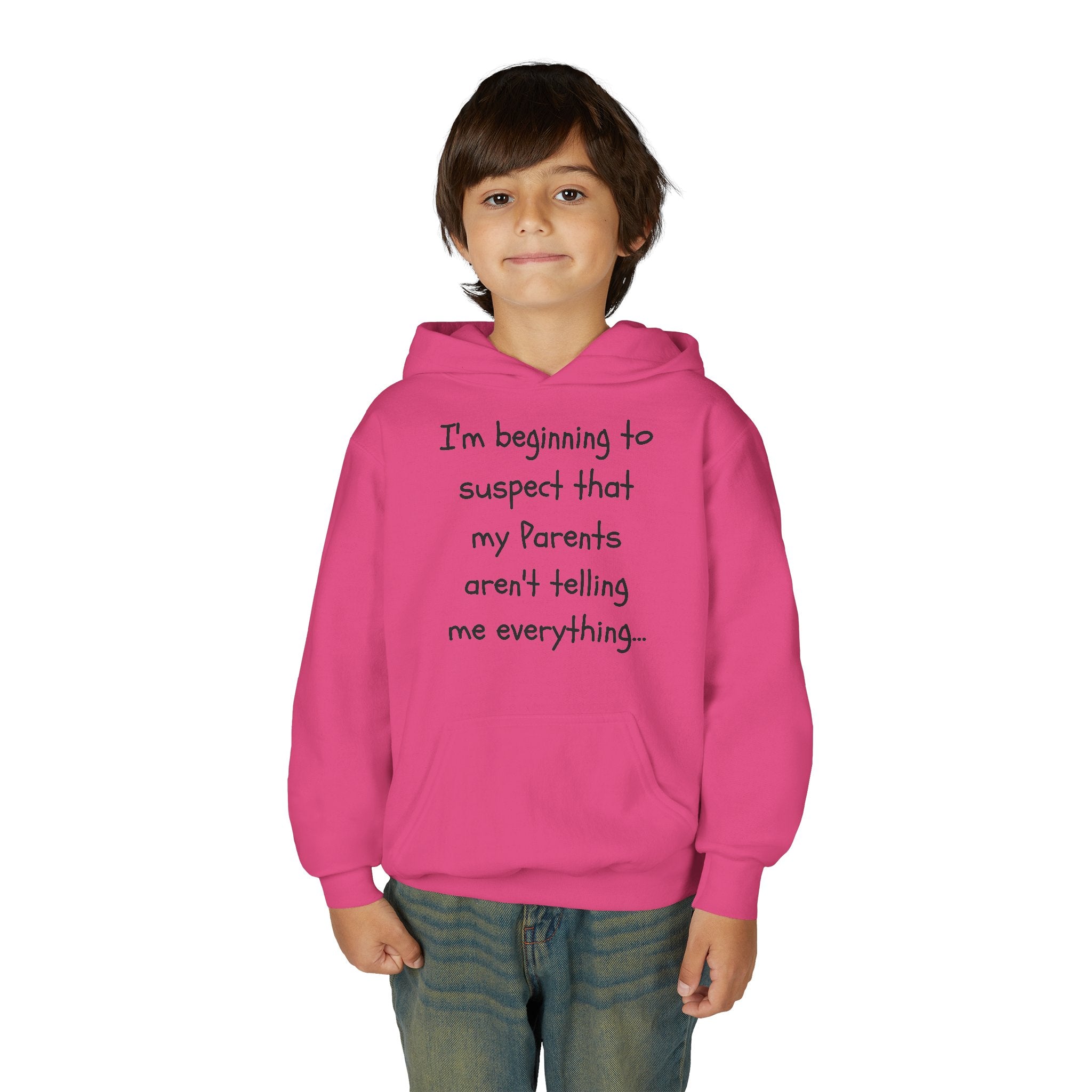 Youth Hoodie — "I'm beginning to suspect that my Parents aren't telling me everything." Funny Kid Hoodie