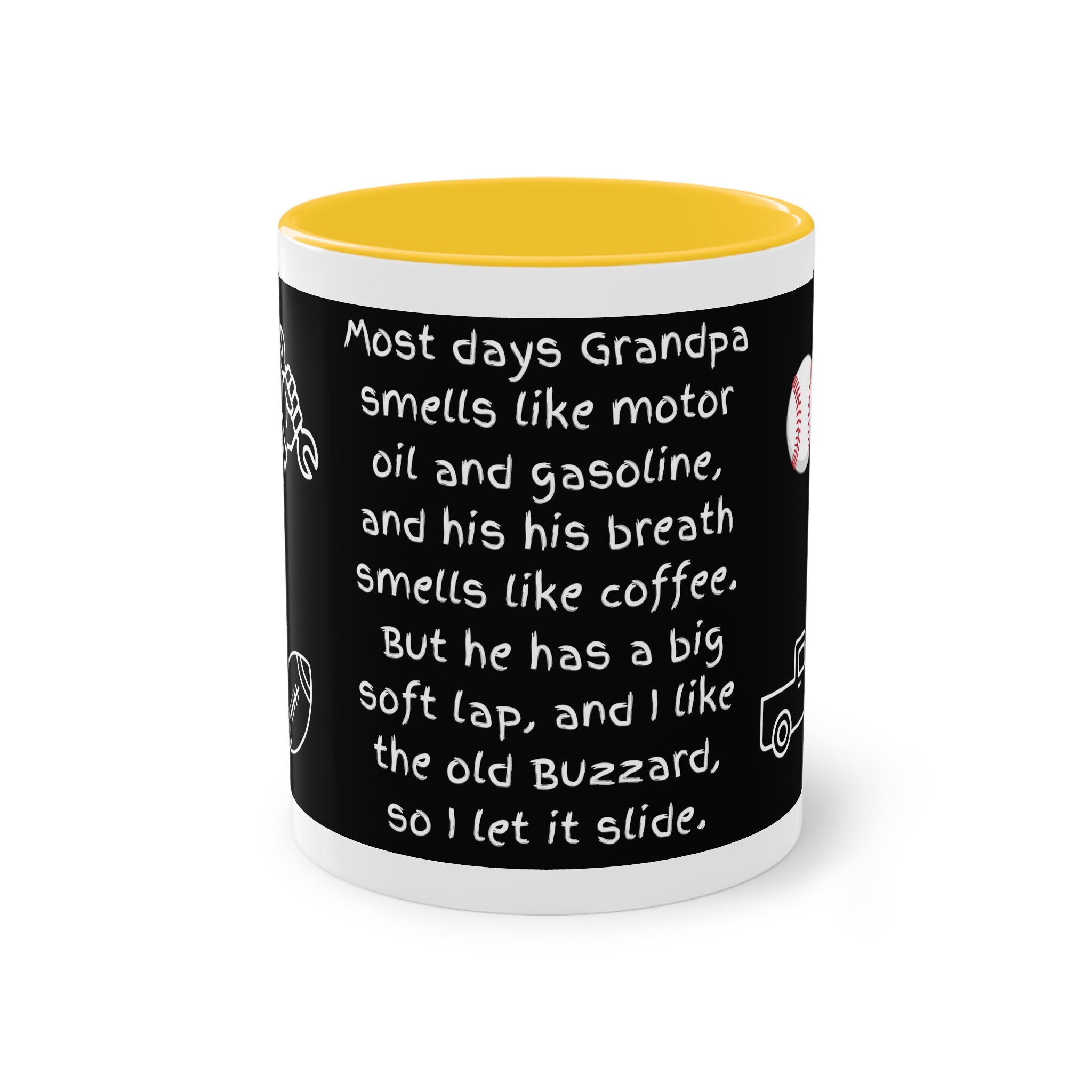 Funny Grandpa Coffee Mug — “Most days Grandpa smells like motor oil…” 11oz Two-Tone